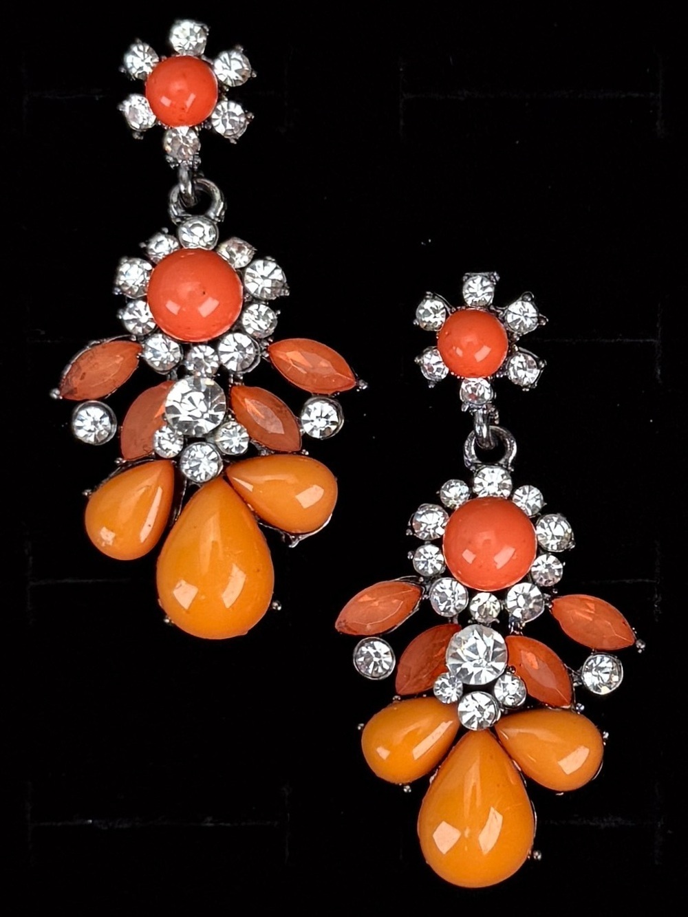 Vintage Orange and Silvertone Weighed Crystal bling Drop Earrings